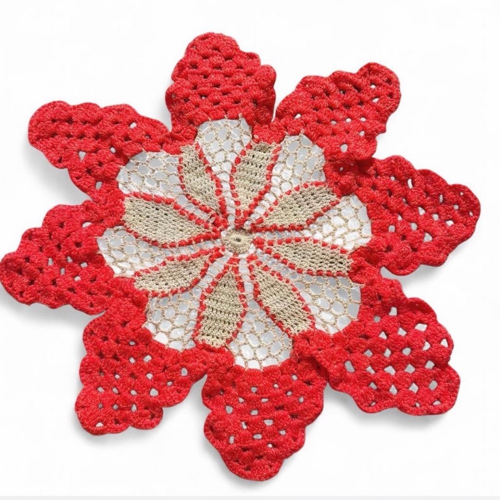 Handcrafted Red and Cream Crochet Doily
